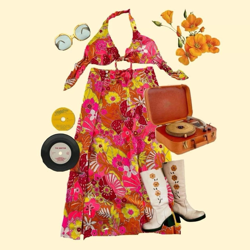 Vintage 1960s floral dayglow psychedelic skirt bikini set halter 70s 1970s 60s